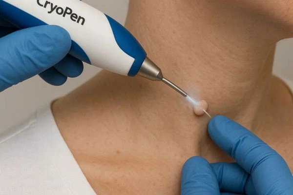 Person receiving cryotherapy Hamilton for skin tag removal