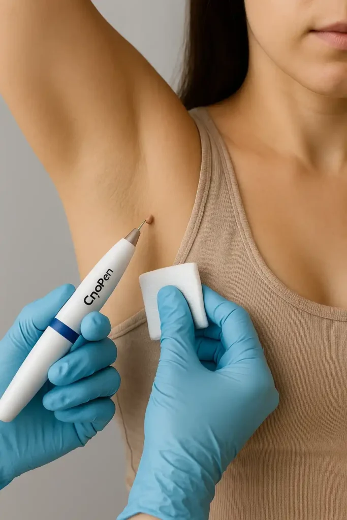 woman having cryopen to remove underarm skin tags Hamilton