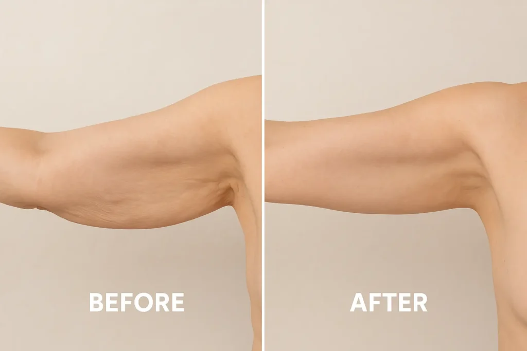 Picture of LA LIPO Hamilton before and after results of skin tightening treatment on the upper arms.