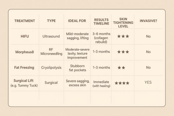 Table showing the comparisons of Skin tightening Hamilton treatment options.